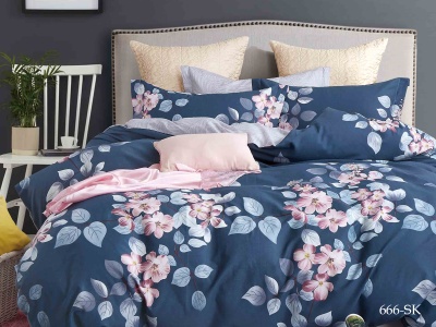 КПБ Cleo сатин набивной "Satin de Luxe" двуспальный 180*210*1 230*240*1(±5) 70*70*2(±2) (20/666-SK, Цветы, Синий)