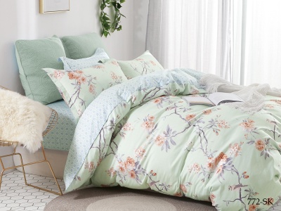 КПБ Cleo сатин набивной "Satin de Luxe" дуэт 150*210*2 230*250*1(±5) 50*70+5*2 70*70*2(±2) (41/772-SK, Цветы, Зеленый)