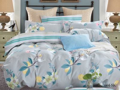 КПБ Cleo сатин набивной "Satin de Luxe" полуторный 150*210*1 160*230*1(±5) 70*70*2(±2) (15/664-SK, Цветы, Серый)