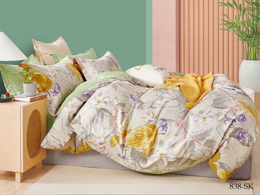 КПБ Cleo сатин набивной "Satin de Luxe" полуторный 150*210*1 160*230*1(±5) 50*70*2(±2) (16/838-SK, Листья, Мультиколор)