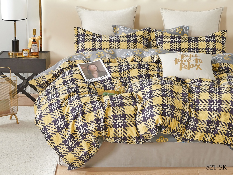 КПБ Cleo сатин набивной "Satin de Luxe" полуторный 150*210*1 160*230*1(±5) 50*70*2(±2) (16/821-SK, Клетка, Мультиколор)
