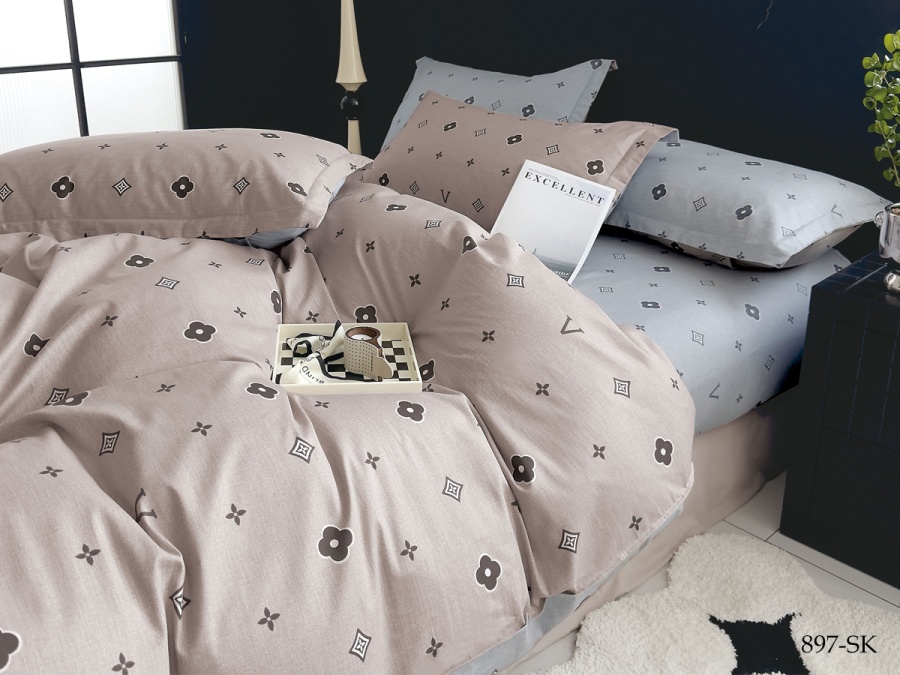 КПБ Cleo сатин набивной "Satin de Luxe" полуторный 150*210*1 160*230*1(±5) 70*70*2(±2) (15/897-SK, Оригинальное, Бежевый)