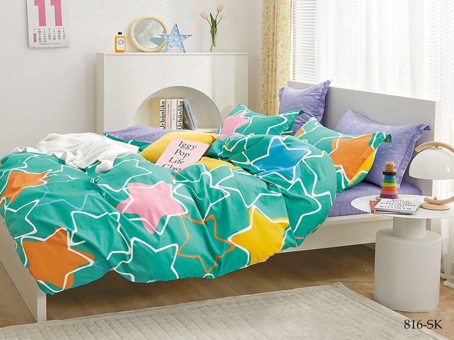 КПБ Cleo сатин набивной "Satin de Luxe" дуэт 150*210*2 230*250*1(±5) 50*70+5*2 70*70*2(±2) (41/816-SK, Звезды, Мультиколор)