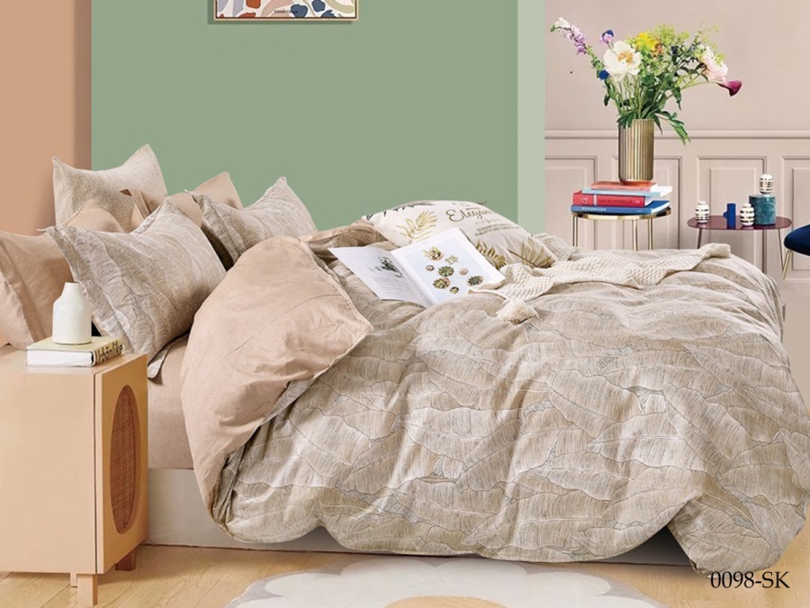 КПБ Cleo сатин набивной "Satin de Luxe" полуторный 150*210*1 160*230*1(±5) 70*70*2(±2) (15/0098-SK, Листья, Бежевый)