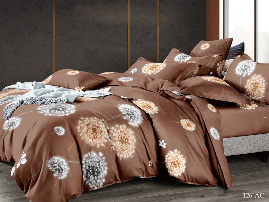 КПБ Cleo полисатин "Art Color" полуторный 145*215*1 150*220*1(±5) 70*70*2(±2) (15/126-AC, Цветы, Коричневый)