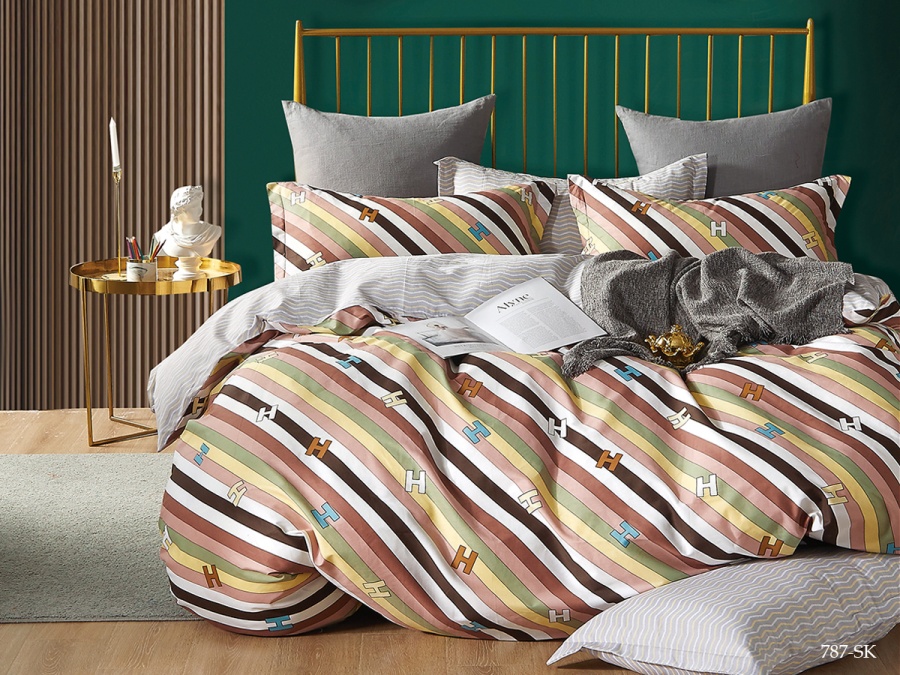 КПБ Cleo сатин набивной "Satin de Luxe" двуспальный 180*210*1 230*240*1(±5) 70*70*2(±2) (20/787-SK, Полоска, Мультиколор)