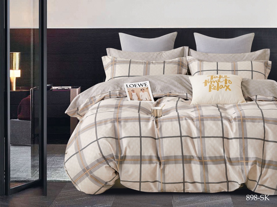 КПБ Cleo сатин набивной "Satin de Luxe" полуторный 150*210*1 160*230*1(±5) 70*70*2(±2) (15/898-SK, Клетка, Бежевый)