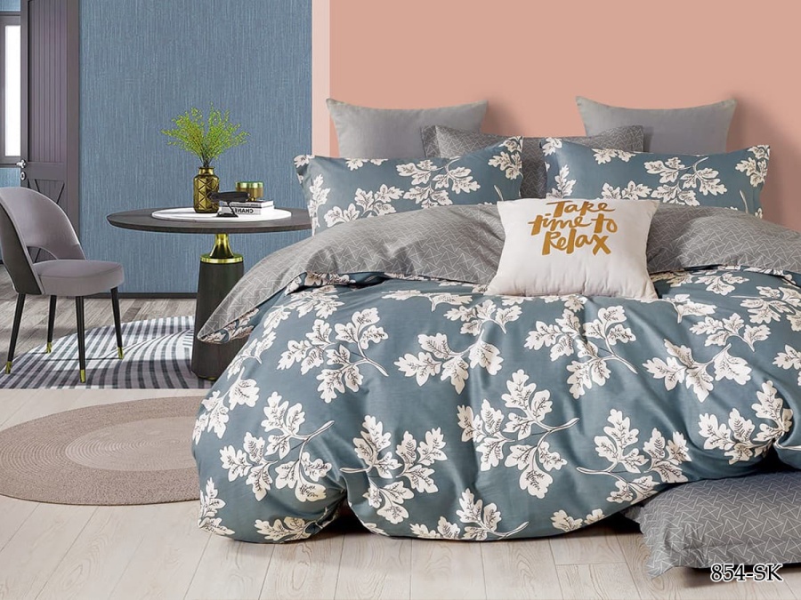 КПБ Cleo сатин набивной "Satin de Luxe" полуторный 150*210*1 160*230*1(±5) 70*70*2(±2) (15/854-SK, Листья, Мультиколор)