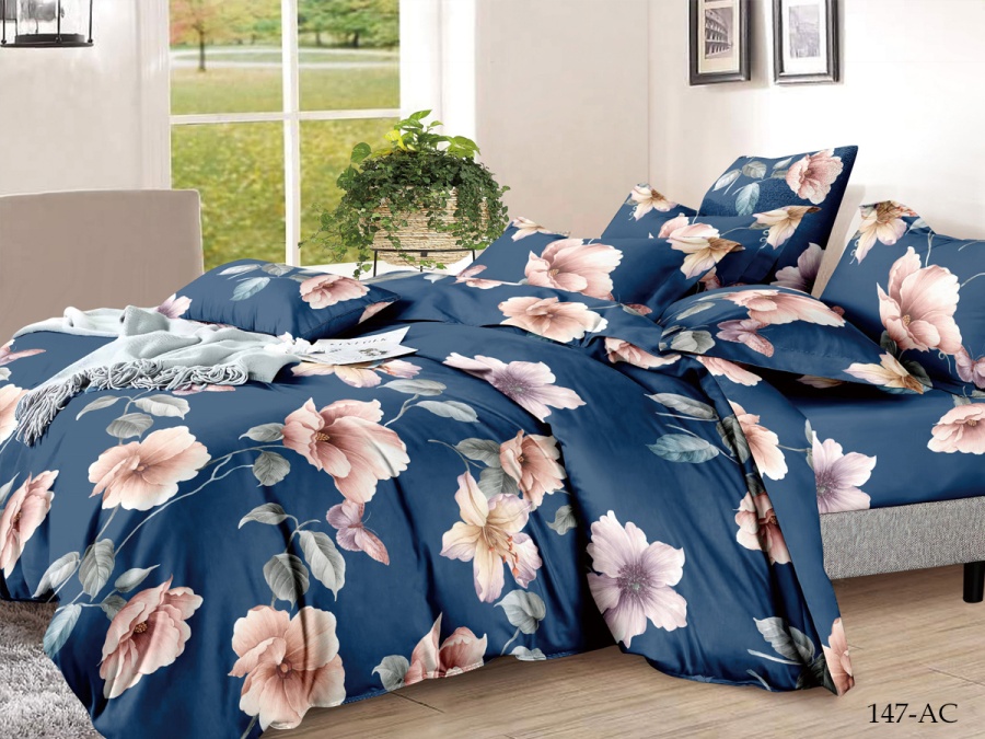 КПБ Cleo полисатин "Art Color" двуспальный 175*215*1 200*220*1(±5) 70*70*2(±2) (20/147-AC, Цветы, Синий)