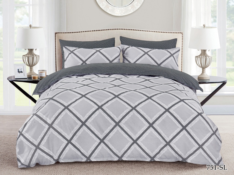 КПБ Cleo сатин набивной "Satin Lux" полуторный 145*215*1 150*220*1(±5) 70*70*2(±2) (CL15/751-SL, Геометрия, Серый)