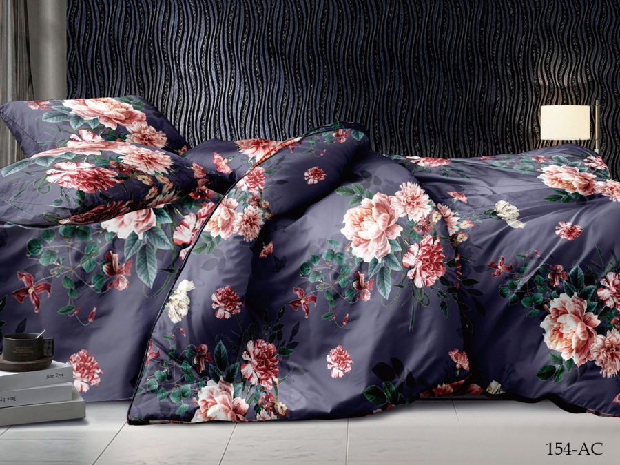 КПБ Cleo полисатин "Art Color" полуторный 145*215*1 150*220*1(±5) 70*70*2(±2) (15/154-AC, Цветы, Синий)