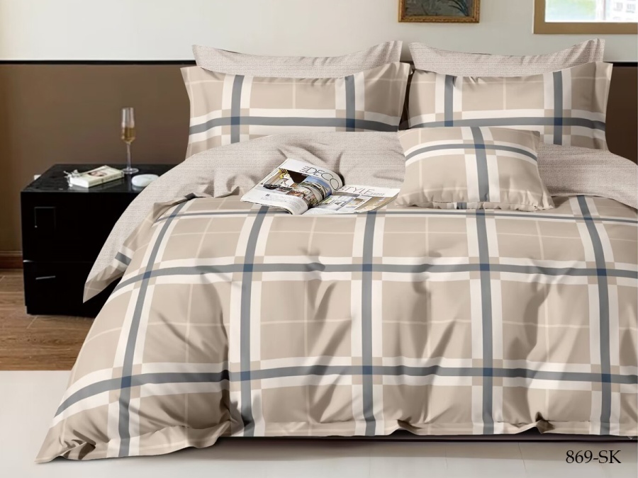 КПБ Cleo сатин набивной "Satin de Luxe" полуторный 150*210*1 160*230*1(±5) 70*70*2(±2) (15/869-SK, Клетка, Бежевый)