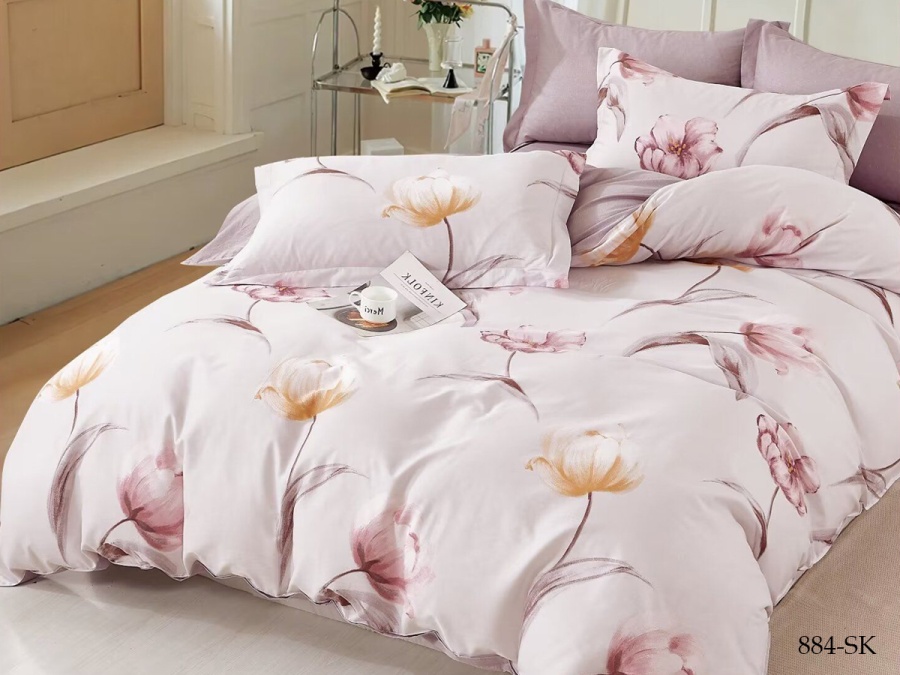 КПБ Cleo сатин набивной "Satin de Luxe" полуторный 150*210*1 160*230*1(±5) 70*70*2(±2) (15/884-SK, Цветы, Розовый)