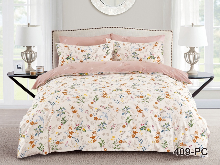 КПБ Cleo Поплин "Pure Cotton" полуторный 145*215*1 150*220*1(±5) 70*70*2(±2) в ПВХ (15/409-PC, Цветы, Персиковый)
