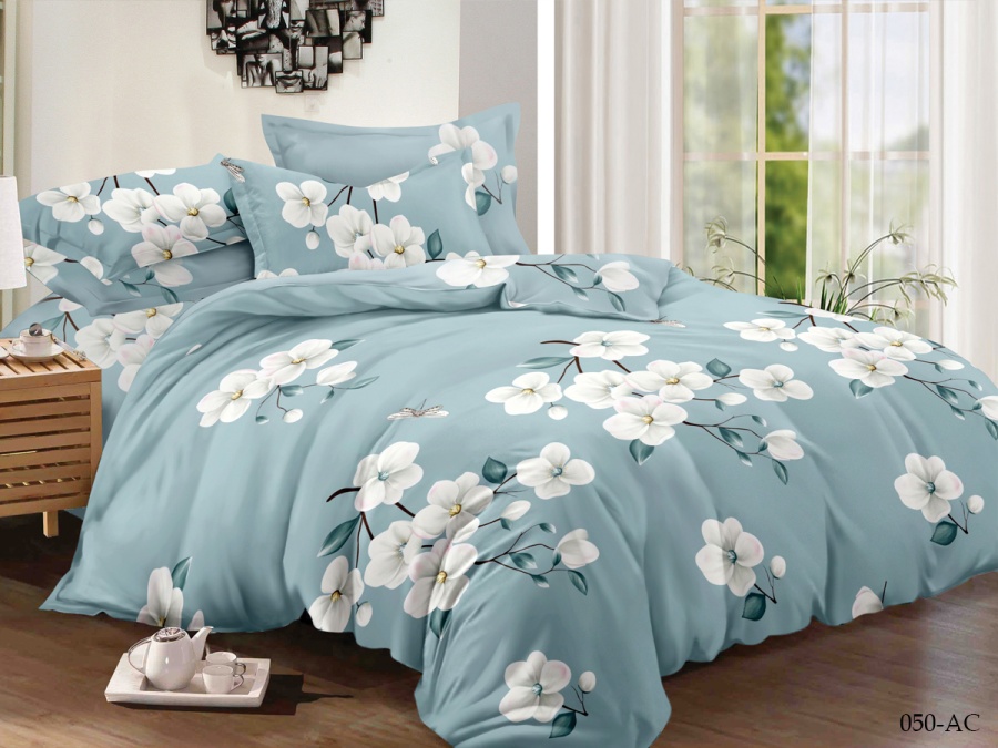 КПБ Cleo полисатин "Art Color" дуэт 145*215*2 220*240*1(±5) 50*70*2(±2) 70*70*2(±2) (41/050-AC, Цветы, Голубой)