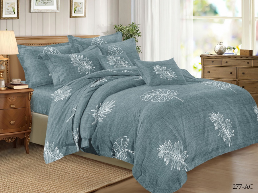 КПБ Cleo полисатин "Art Color" полуторный 145*215*1 150*220*1(±5) 70*70*2(±2) (15/277-AC, Листья, Зеленый)