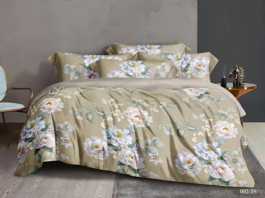 КПБ Cleo тенсель "Soft Tencel" полуторный 150*210*1 160*230*1(±5) 50*70+8*2 (16/002-TS, Цветы, Бежевый)