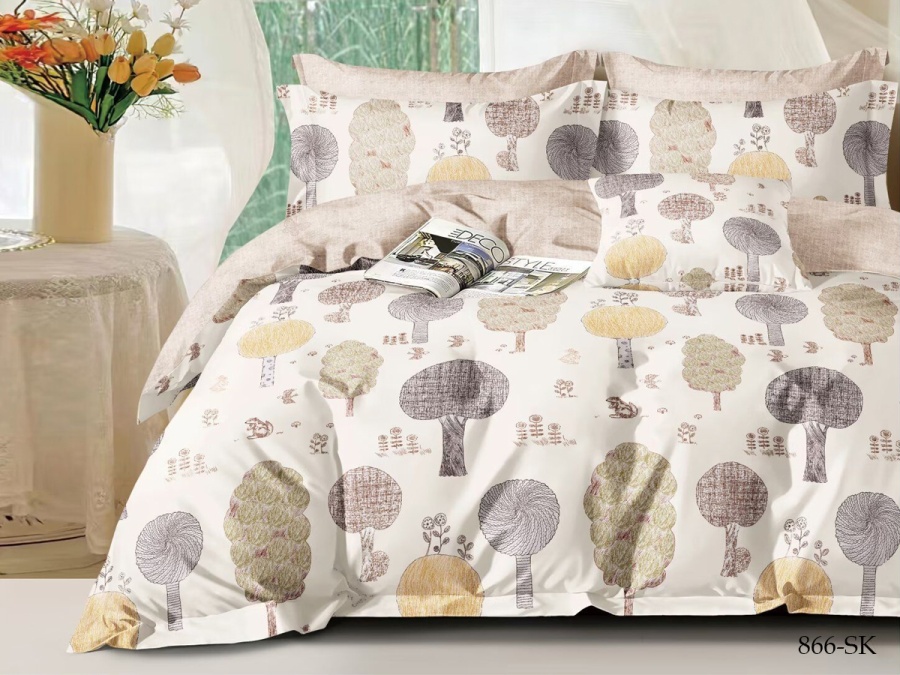 КПБ Cleo сатин набивной "Satin de Luxe" двуспальный 180*210*1 230*240*1(±5) 70*70*2(±2) (20/866-SK, Оригинальное, Бежевый)