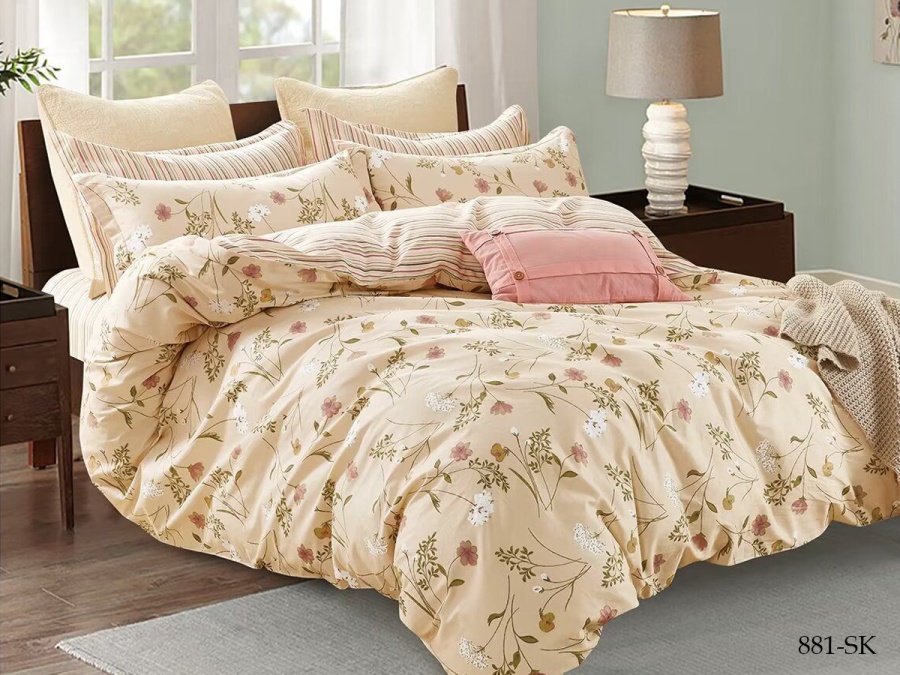 КПБ Cleo сатин набивной "Satin de Luxe" полуторный 150*210*1 160*230*1(±5) 70*70*2(±2) (15/881-SK, Растения, Бежевый)