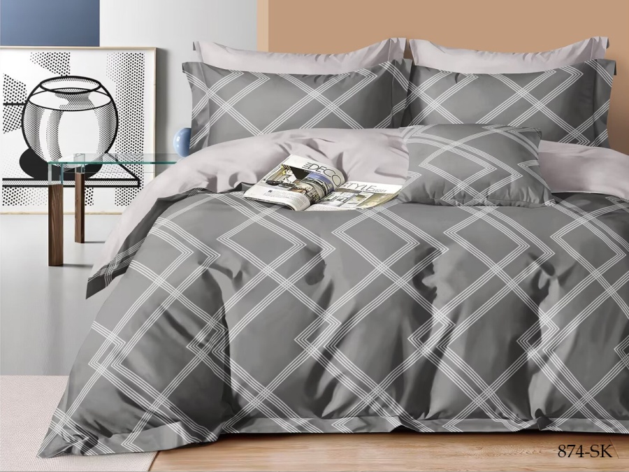 КПБ Cleo сатин набивной "Satin de Luxe" полуторный 150*210*1 160*230*1(±5) 70*70*2(±2) (15/874-SK, Геометрия, Серый)
