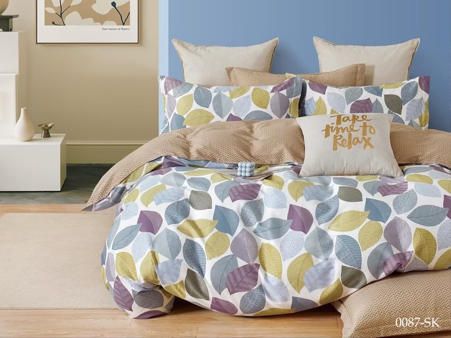 КПБ Cleo сатин набивной "Satin de Luxe" двуспальный 180*210*1 230*240*1(±5) 70*70*2(±2) (20/0087-SK, Листья, Мультиколор)
