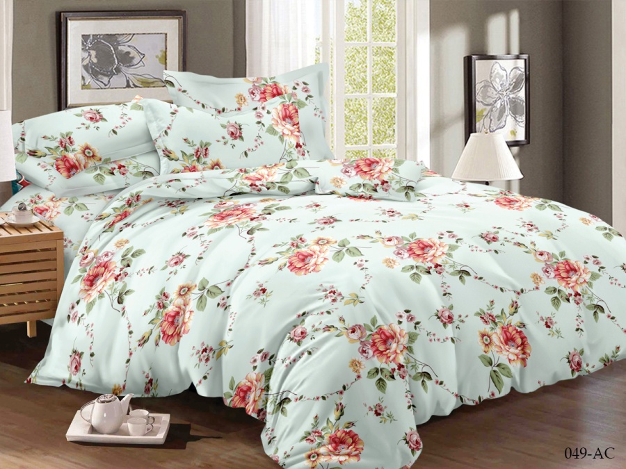 КПБ Cleo полисатин "Art Color" дуэт 145*215*2 220*240*1(±5) 50*70*2(±2) 70*70*2(±2) (41/049-AC, Цветы, Зеленый)