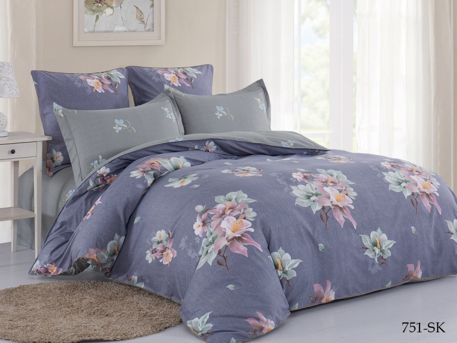 КПБ Cleo сатин набивной "Satin de Luxe" полуторный 150*210*1 160*230*1(±5) 70*70*2(±2) (15/751-SK, Цветы, Сиреневый)