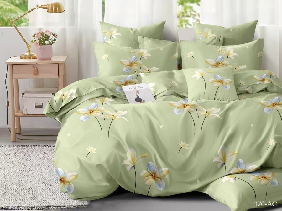 КПБ Cleo полисатин "Art Color" двуспальный 175*215*1 200*220*1(±5) 70*70*2(±2) (20/170-AC, Цветы, Зеленый)