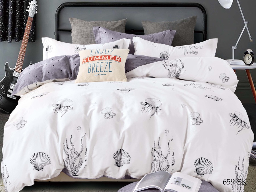 КПБ Cleo сатин набивной "Satin de Luxe" евро 200*220*1 230*250*1(±5) 50*70+5*2 70*70*2(±2) (31/659-SK, Морской, Белый)