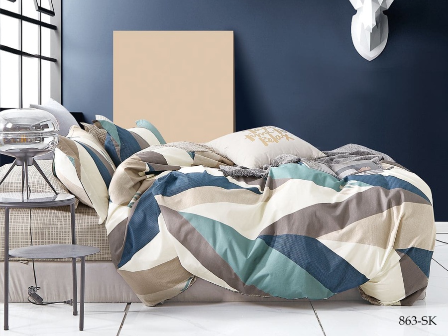 КПБ Cleo сатин набивной "Satin de Luxe" полуторный 150*210*1 160*230*1(±5) 70*70*2(±2) (15/863-SK, Геометрия, Мультиколор)